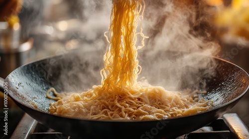 Steaming hot noodles being cooked in a wok, showcasing the vibrant essence of asian cuisine. perfect for themes related to street food, culinary techniques, and appetite-inducing visuals. photo