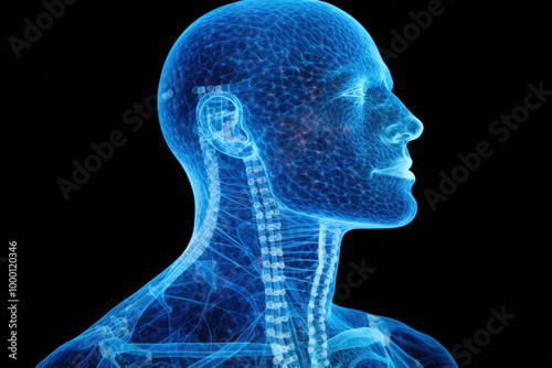 This is a computer generated image showcasing a detailed visualization of a mans head along with his neck region prominently featured