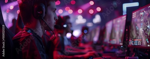 A gamer focused on their screen, surrounded by others in a vibrant, illuminated environment, showcasing the excitement of competitive gaming. photo