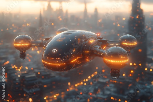 A drone or unmanned aerial vehicle hovers above a busy metropolis in the future, perfect for advertisements, films, business presentations to highlight the cutting-edge and future smart city concept. photo