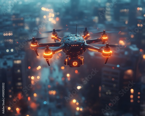 A drone or unmanned aerial vehicle hovers above a busy metropolis in the future, perfect for advertisements, films, business presentations to highlight the cutting-edge and future smart city concept. photo