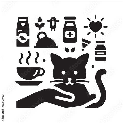 Cat with coffee and household items, cozy home vibes and simple lifestyle in silhouette art vector