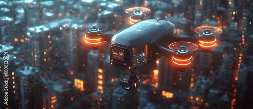 A drone or unmanned aerial vehicle hovers above a busy metropolis in the future, perfect for advertisements, films, business presentations to highlight the cutting-edge and future smart city concept. photo