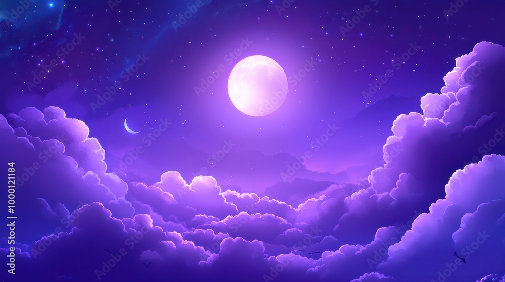 Purple gradient mystical moonlight sky with clouds and stars phone background wallpaper, ai generated