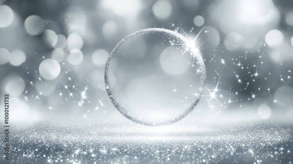 Silver abstract background with a bokeh circle and shiny stars. New year, birthday, holidays celebration. Silver abstract background with a bokeh circle and shiny stars. New year, birthday, holidays celebration.