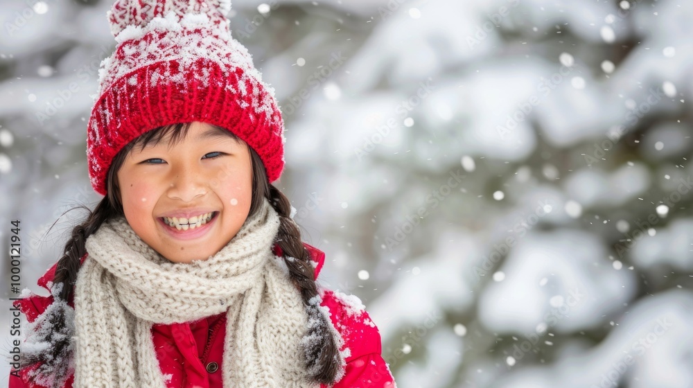 Smiling Asian Girl Enjoying Snowy Winter Day with Red Hat and Scarf. Concept of Child's Joy, Winter Activities, Holiday Season. Copy space Smiling Asian Girl Enjoying Snowy Winter Day with Red Hat and Scarf. Concept of Child's Joy, Winter Activities, Holiday Season. Copy space