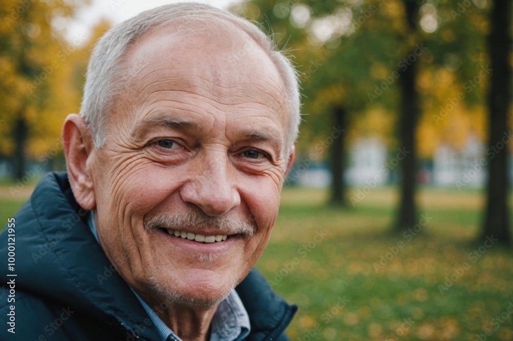 Close portrait of a smiling senior Belarusian man looking at the camera, Belarusian outdoors blurred background Close portrait of a smiling senior Belarusian man looking at the camera, Belarusian outdoors blurred background