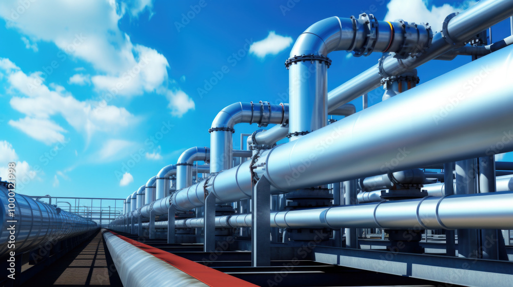 A long row of industrial pipes is meticulously lined up against a vibrant blue sky, creating a striking visual contrast A long row of industrial pipes is meticulously lined up against a vibrant blue sky, creating a striking visual contrast