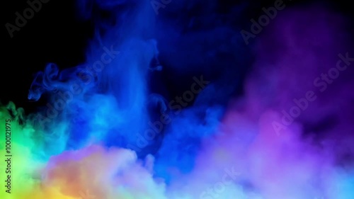 smoke on black, close-up of radiant rainbow smoke floating on dark background