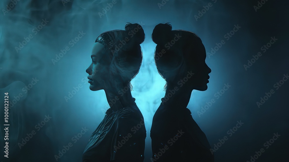 A pair of identical twins, one dressed in light, the other in darkness, standing side by side, embodying the duality of human nature. A pair of identical twins, one dressed in light, the other in darkness, standing side by side, embodying the duality of human nature.