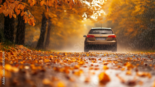 Car drive through road full of autumn leaves during the rain. Automobile on a picturesque fall street. Scenic transportation travel trip or journey. Generative AI.