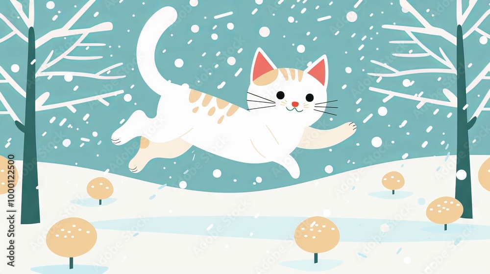 Fototapeta premium Cartoon flat illustration of a white cat leaping through a snowy winter landscape. Concept of winter wonderland, playful animals, festive season