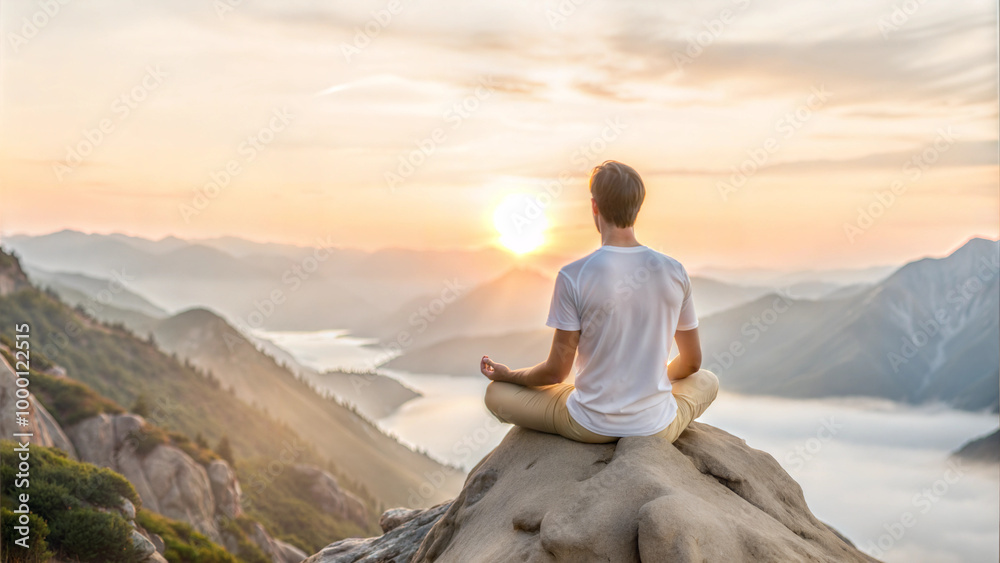 Man Meditating on a Steep Cliff Against the Setting Sun Man Meditating on a Steep Cliff Against the Setting Sun