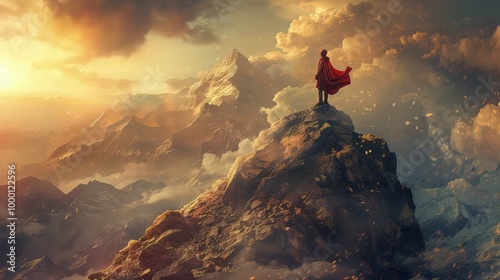 A person standing firmly atop a rocky peak, facing a fierce wind, their clothes billowing, symbolizing triumph over a difficult climb.