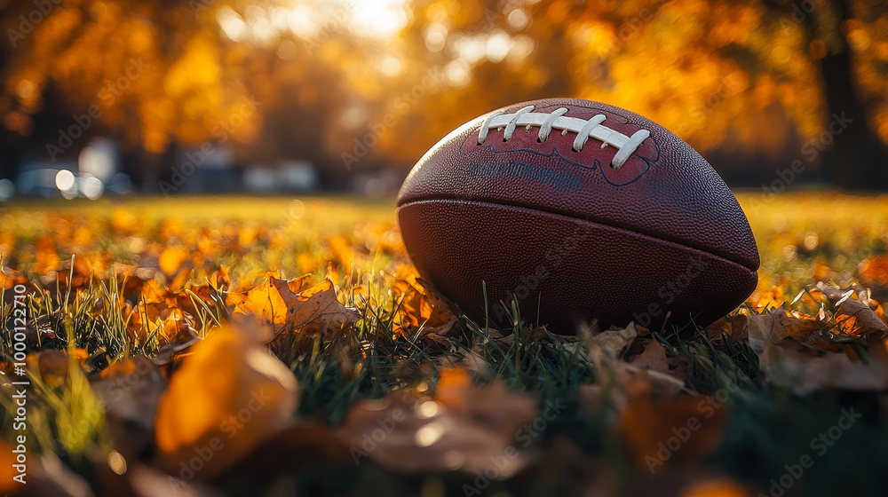 American Football on Autumn Grass with Fallen Leaves in Warm Golden Sunlight - Fall Sports Concept American Football on Autumn Grass with Fallen Leaves in Warm Golden Sunlight - Fall Sports Concept