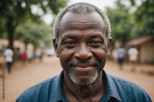 Close portrait of a smiling senior Beninese man looking at the camera, Beninese outdoors blurred background