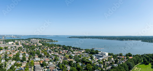 Aerial view of Bayside Queens and Little Neck Bay on a sunny day.
