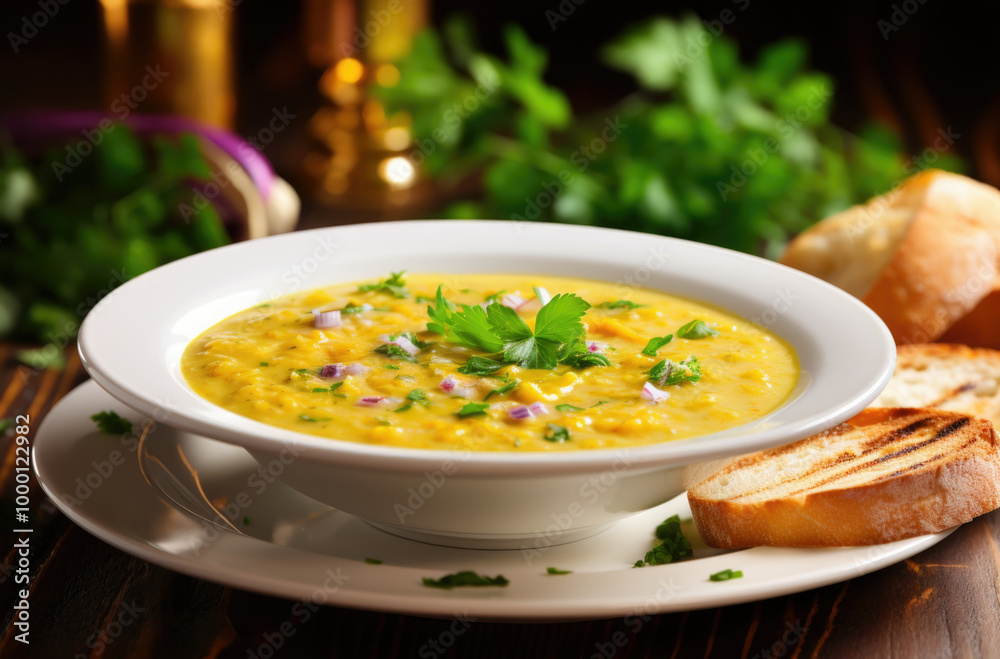A delicious bowl of warm soup paired with a piece of bread elegantly placed on a plate, ready to be enjoyed A delicious bowl of warm soup paired with a piece of bread elegantly placed on a plate, ready to be enjoyed
