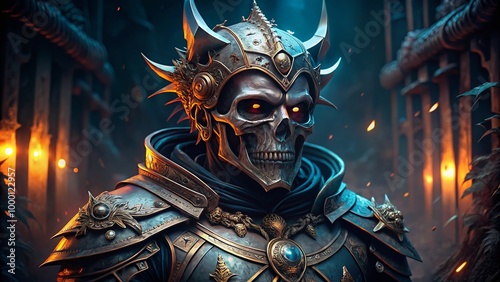 Intricate Skull Knight Armor with Menacing Design in a Dark Fantasy Setting for Creative Use