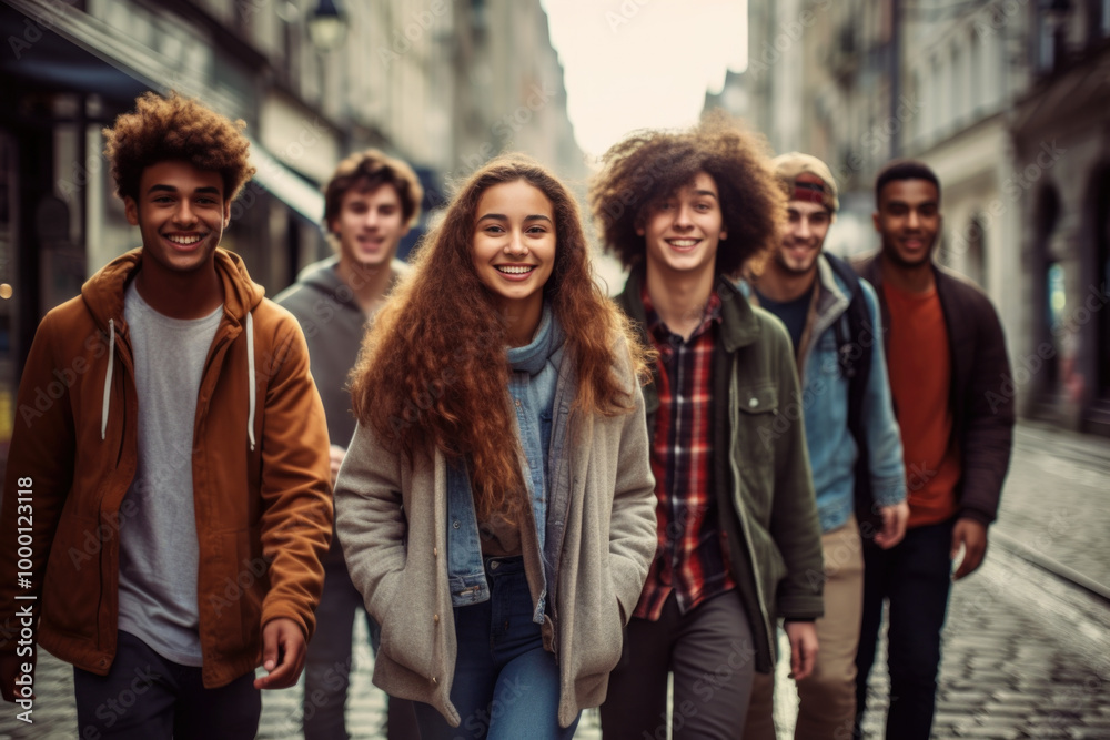 A group of young people walks joyfully down a cobblestone street