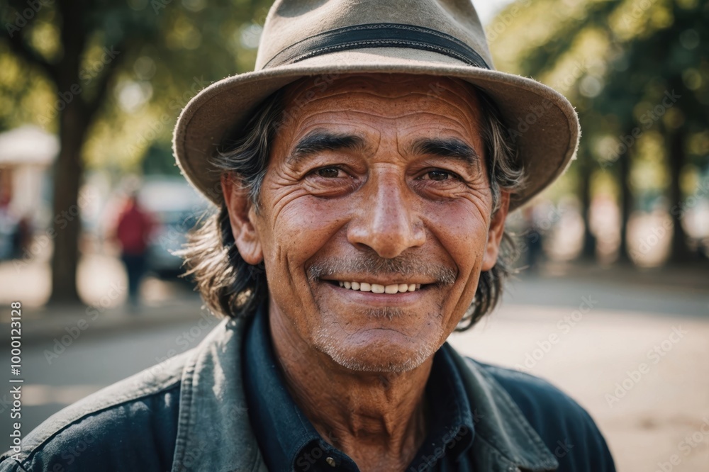 Close portrait of a smiling senior Bolivian man looking at the camera, Bolivian outdoors blurred background Close portrait of a smiling senior Bolivian man looking at the camera, Bolivian outdoors blurred background