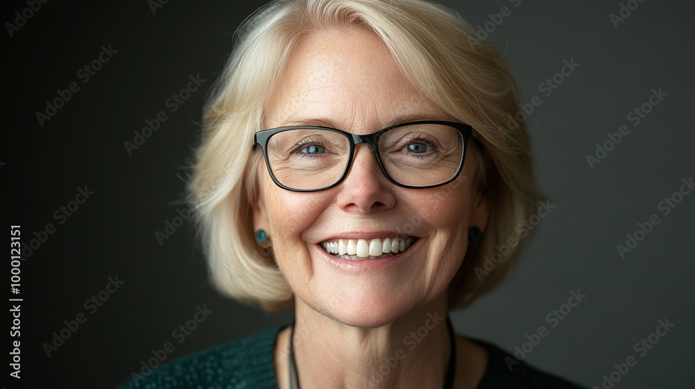 A blonde older woman with glasses, smiling widely with a natural laugh and gleaming teeth, in a headshot portrait with a soft background A blonde older woman with glasses, smiling widely with a natural laugh and gleaming teeth, in a headshot portrait with a soft background