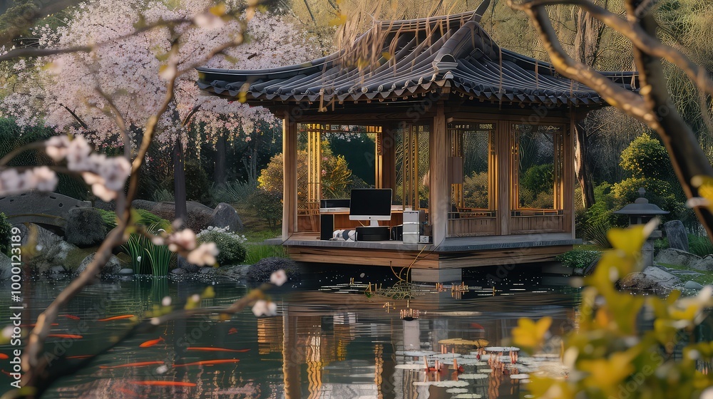Obraz premium A photographer editing photos on a computer in a serene garden pavilion, with a koi pond and cherry blossoms framing the peaceful setting.