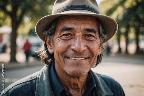 Close portrait of a smiling senior Bolivian man looking at the camera, Bolivian outdoors blurred background