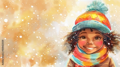 Smiling African American Girl Wearing Colorful Winter Hat and Scarf with Snowfall Background. Enjoyment of Winter Weather, Child's Joy, Festive Season. Copy space. Watercolor art