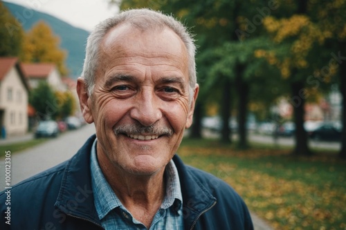 Close portrait of a smiling senior Bosnian man looking at the camera, Bosnian outdoors blurred background