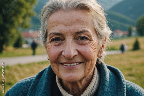 Close portrait of a smiling senior Bosnian woman looking at the camera, Bosnian outdoors blurred background