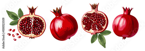 Watercolor red pomegranates set. Collection of whole and cut fruits and leaves vector illustrations isolated on transparent background. Fresh juicy fruit clip art.