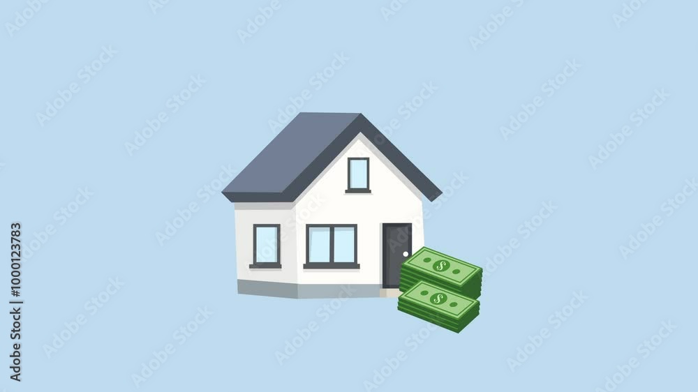 House symbol appearing with a cash stack in the right corner. Buying or selling a house animation. Blue background and pink screen background. House symbol appearing with a cash stack in the right corner. Buying or selling a house animation. Blue background and pink screen background.
