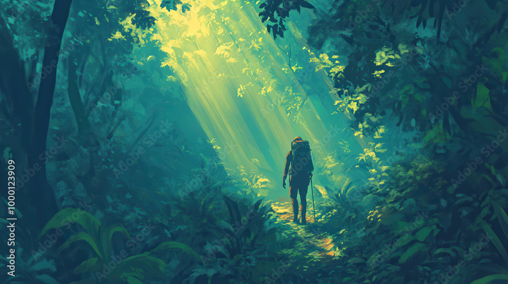 Obraz premium Serene Scene of Backpacker Hiking in Lush Forest