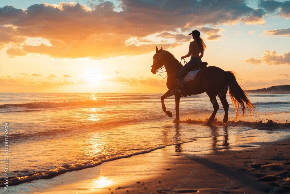Sunset horseback ride on the beach: equestrian silhouette against ocean ...