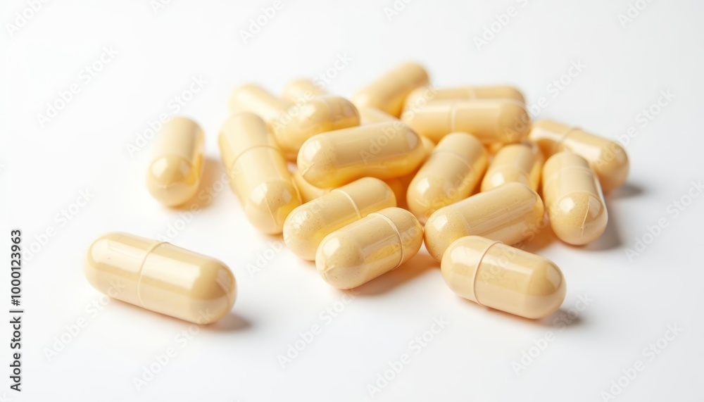 A collection of yellow capsules on a white background A collection of yellow capsules on a white background