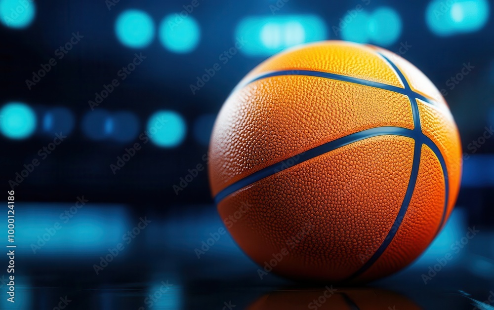Close-up of a basketball on a shiny court with blue bokeh lights in the background. Close-up of a basketball on a shiny court with blue bokeh lights in the background.