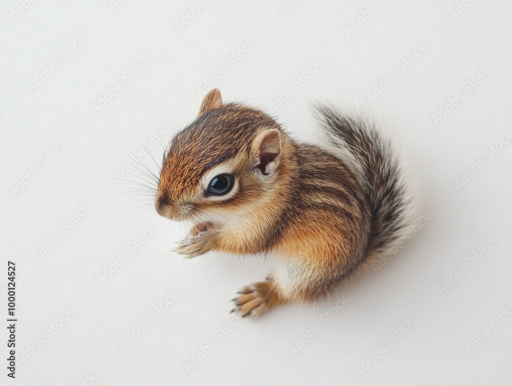 Detailed close-up of an adorable chipmunk sitting against a white background. the image emphasizes the chipmunk's whiskers, eyes, and striped fur, creating a captivating and charming scene, perfect Detailed close-up of an adorable chipmunk sitting against a white background. the image emphasizes the chipmunk's whiskers, eyes, and striped fur, creating a captivating and charming scene, perfect