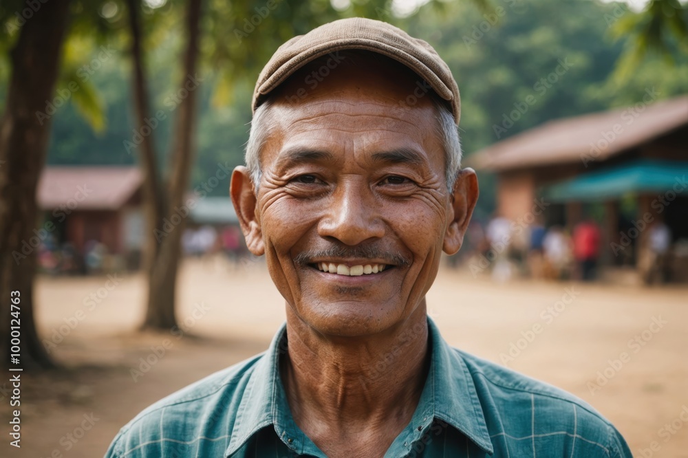 Close portrait of a smiling senior Burmese man looking at the camera, Burmese outdoors blurred background Close portrait of a smiling senior Burmese man looking at the camera, Burmese outdoors blurred background