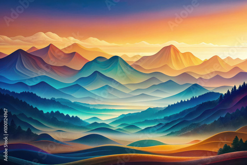 Majestic sunset over colorful mountains with rolling hills and misty valleys in a serene landscape. Generative AI