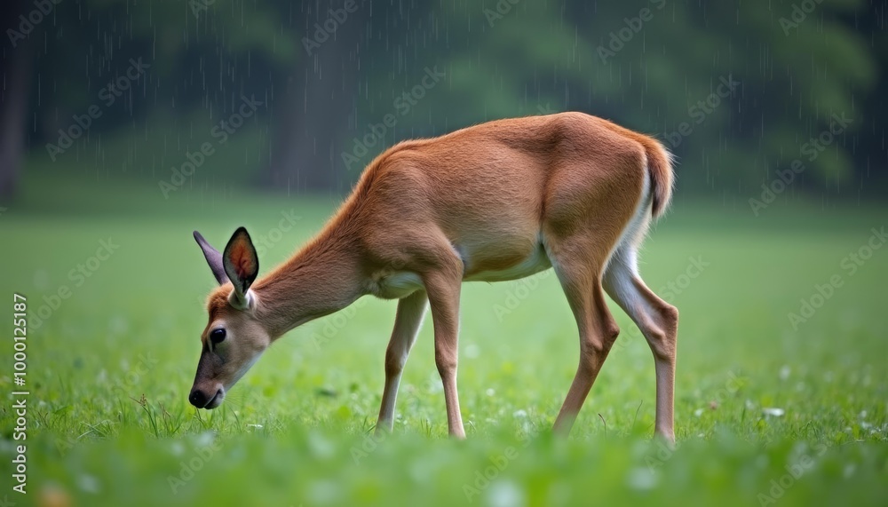 Natures serenity A fawn grazes in the rain Natures serenity A fawn grazes in the rain