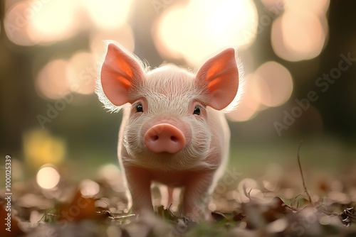 A cute piglet stands in a forest with a soft, blurred background, evoking a sense of warmth and innocence.