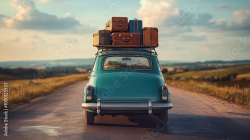 Travelling by retro car. Back view of a car with luggage on the roof. Car on the road with a lot of suitcases on roof. Family travel on vacation. photo