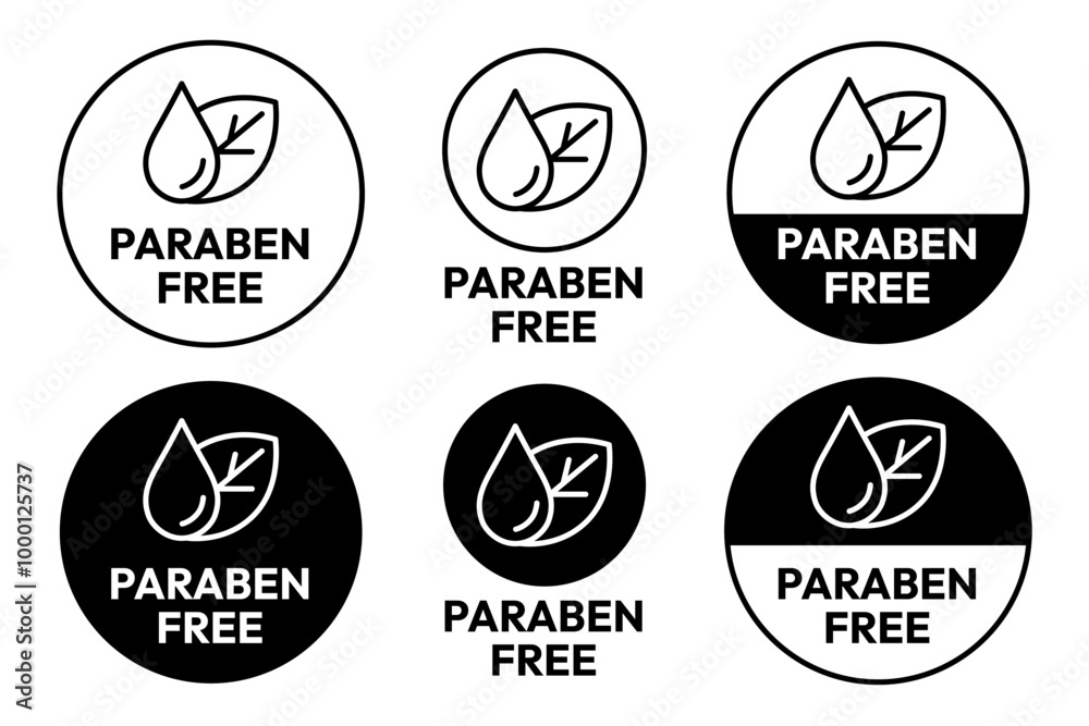 Naklejka premium Paraben Free with a leaf drop label, logo, badge, icon, sticker, symbol, emblem, stamp, green, line, flat vector, isolated illustration. Paraben Free label for product packaging design.
