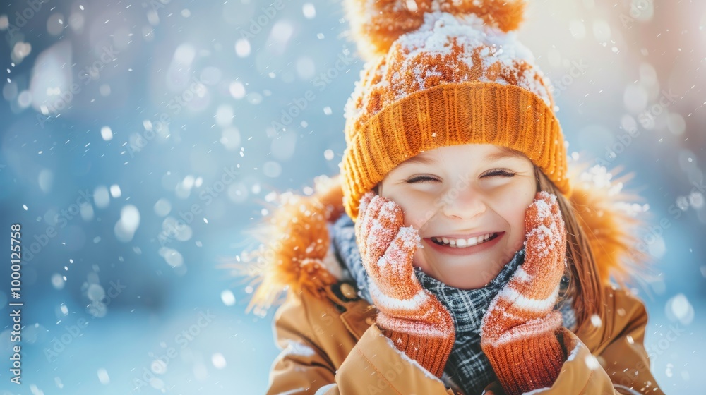 Cute Smiling Caucasian Girl Wearing a Winter Hat and Gloves in a Snowy Wonderland. Concept of Childhood Joy, Winter Fun, and Outdoor Play. Copy space Cute Smiling Caucasian Girl Wearing a Winter Hat and Gloves in a Snowy Wonderland. Concept of Childhood Joy, Winter Fun, and Outdoor Play. Copy space