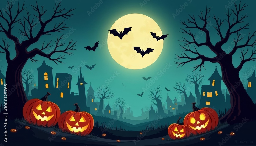 Fototapeta premium Spooky Halloween night with jackolanterns and bats under a full moon