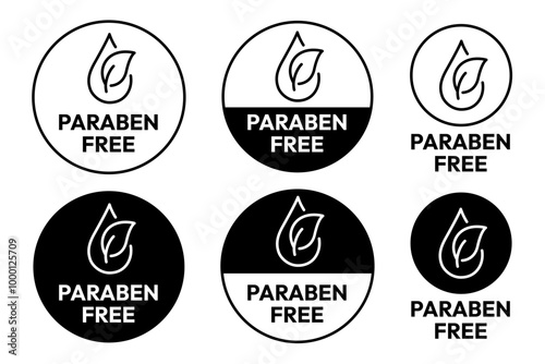 Paraben Free with a leaf drop label, logo, badge, icon, sticker, symbol, emblem, stamp, green, line, flat vector, isolated illustration. Paraben Free label for product packaging design.