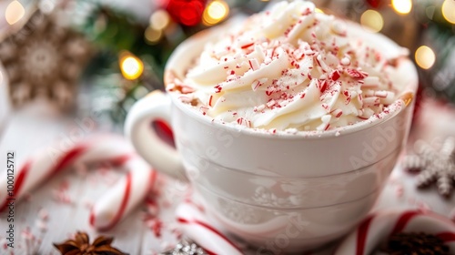 Warm Peppermint Mocha Topped with Whipped Cream and Candy Cane Bits in Festive Mug, Surrounded by Christmas Decorations. Concept of Holiday Spirit, Cozy Winter, Festive Treats, Hot Chocolate