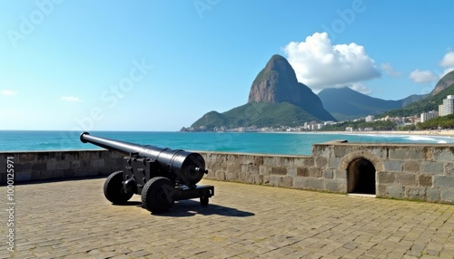  A serene seaside with a historic cannon overlooking the iconic Sugarloaf Mountain photo