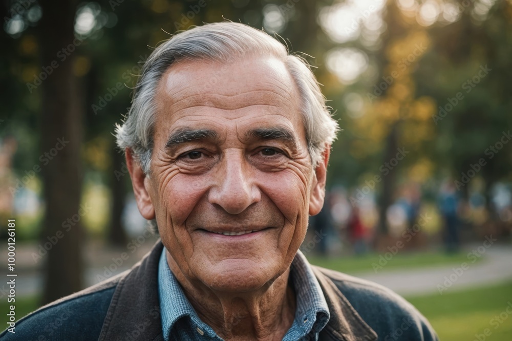 Close portrait of a smiling senior Chilean man looking at the camera, Chilean outdoors blurred background Close portrait of a smiling senior Chilean man looking at the camera, Chilean outdoors blurred background